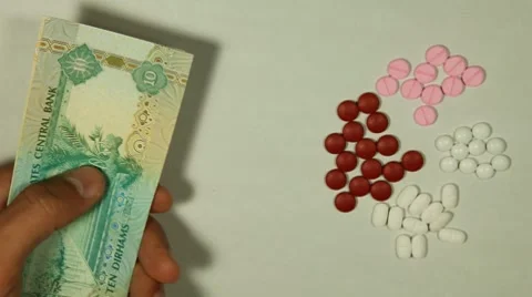 Emirati Dirham AED, Counting Drugs and Money, Health Care, Colorful Pills Stock Footage