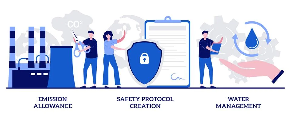 Emission allowance, safety protocol creation, water management concept with.. Illustrazione stock