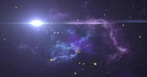 Emitting bright white stellar flare, purple nebula in deep space, with lens Stock Photos
