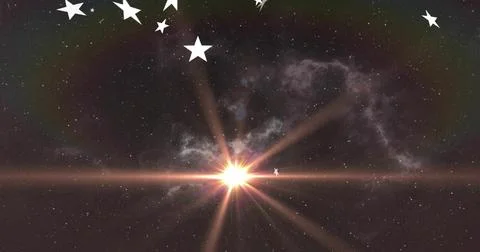 Emitting central star casting lensflare rays across space with nebula arch stars Stock Photos