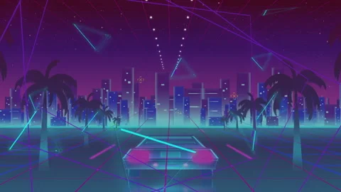 Emitting glitch beams after pause, neon-lit sports car driving on grid with palm Stock Footage 311474962