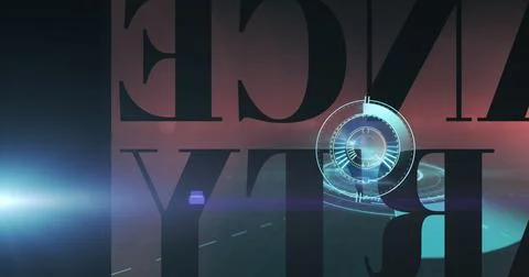 Emitting glowing HUD ring mapping dashed lanes in interface, with block letters Stock Illustration