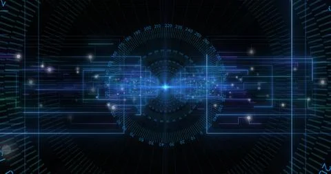 Emitting horizontal beam from blue orb in digital UI with frames, data lines, イラスト素材