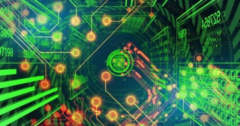 Emitting neon green code, data hub glowing inside virtual numeric panel tunnel, Stockfoto's