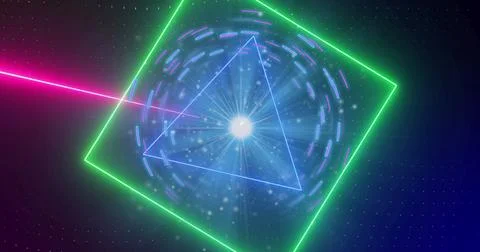 Emitting orb radiating blue rays via concentric circles in cyberspace with neon Stock Photos