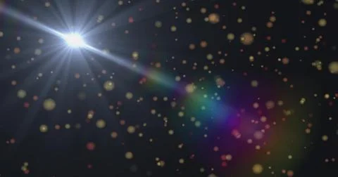 Emitting star casting radial rays across dark void with rainbow flare and gold Stock Illustration
