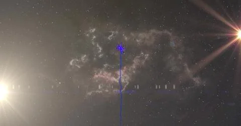 Emitting vertical blue beam ending in starburst in outer space, with nebula, Stock Photos