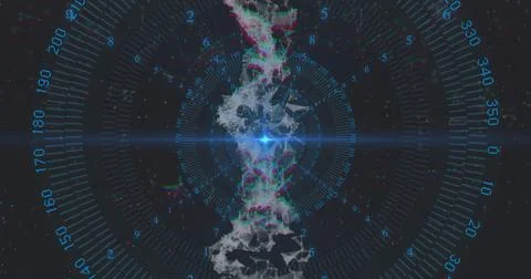 Emitting vertical particle column pulsing through dark HUD, with blue starburst Stock Photos