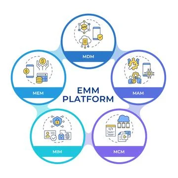 EMM management platform infographic circles flowchart Stock Illustration