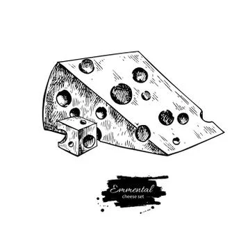 Emmental cheese drawing. Vector hand drawn food sketch. Engraved triangle slice Stock Illustration