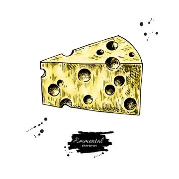 Emmental cheese drawing. Vector hand drawn food sketch. Triangle slice cut. Stock Illustration