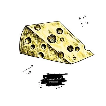 Emmental cheese drawing. Vector hand drawn food sketch. Triangle slice cut. Stock Illustration