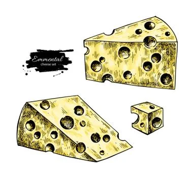 Emmental cheese drawing. Vector hand drawn food sketch. Triangle slice and cube Stock Illustration