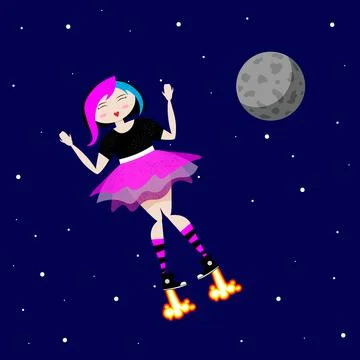 Emo girl flies in outer space near the moon Stock Illustration
