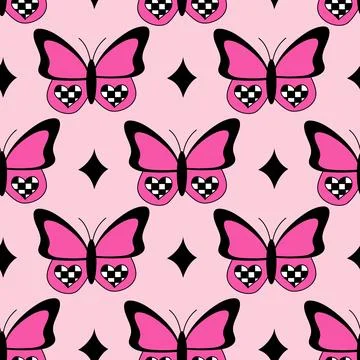 Emo seamless pattern with butterflies. Y2k. Black and pink Stock Illustration