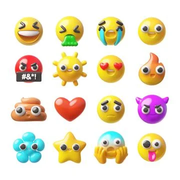 Emoji emoticon realistic 3D vector icons set, cute poop, star, sun, heart Stock Illustration