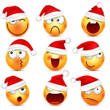 Emoji, emoticon set. Yellow face with emotions and Christmas hat. New Year Santa 스톡 일러스트
