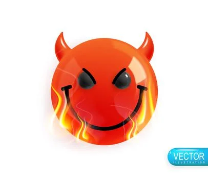 Emoji face of a cunning devil on fire. Realistic 3d design. Emoticon yellow g Stock Illustration