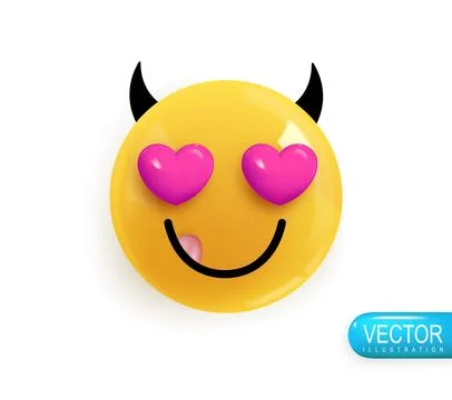 Emoji face devil fell in love. Realistic 3d Icon. Render of yellow glossy col Illustrazione stock