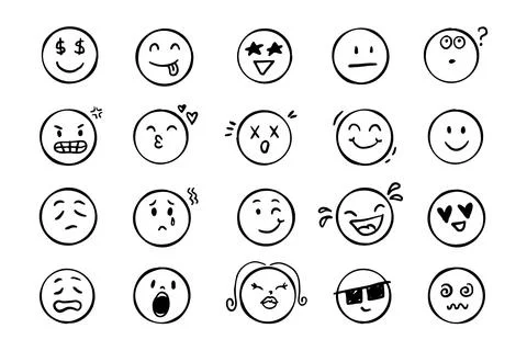 Emoji face icon doodle set. Faces with different emotion mood. Hand drawn comic Stock Illustration