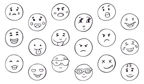 Emoji Faces Set of 18 Hand Drawn Doodle Icons Stock Illustration