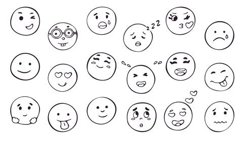 Emoji Faces Set of 18 Hand Drawn Doodle Icons Stock Illustration