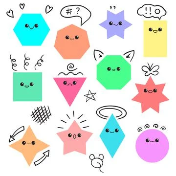 Emoji from geometric figures fun vector set with hand drawn doodles Stock Illustration