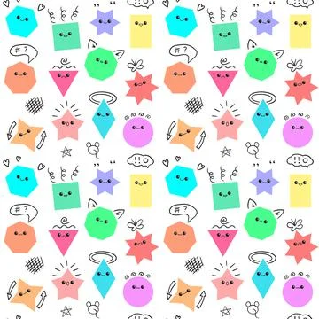 Emoji from geometric figures fun vector seamless pattern with hand drawn doodles Stock Illustration