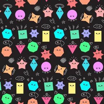 Emoji from geometric figures fun vector seamless pattern with hand drawn doodles Illustrazione stock