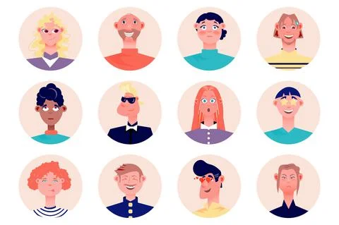 Emoji people avatars isolated set. Men and women express different facial Stock Illustration