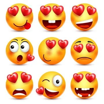 Emoji With Red Heart Vector Set. Valentines Day Yellow Cartoon Emoticons Face Stock-Illustration