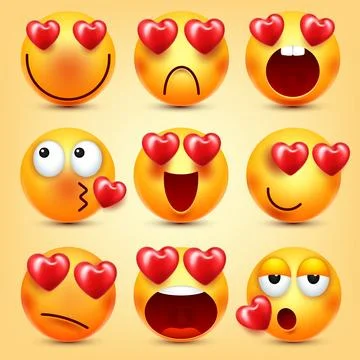 Emoji With Red Heart Vector Set. Valentines Day Yellow Cartoon Emoticons Face Stock Illustration