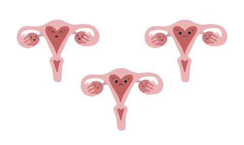 Emoji set, emoticon uterus hugging ovaries icon. Funny sex education sticker Stock Illustration