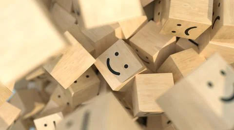 Emoji wooden cube stack with smiling smiley face in the middle. 3D illustrati Stock Illustration
