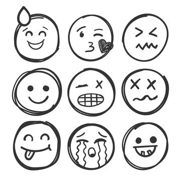 Emojis faces icon in hand drawn style. Doddle emoticons vector illustration.. Stock Illustration