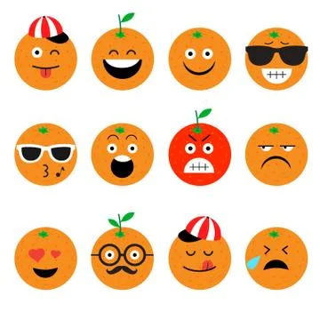 Emojis. orange. fruit. summer. Set of emotional  face on a white background.. Stock Illustration