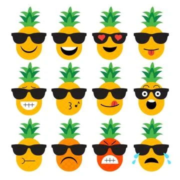 Emojis. pineapple. fruit. summer. Set of emotional  face on a white backgro.. Stock Illustration
