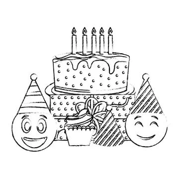 Emojis with sweet cake and objects kawaii character icon Stock Illustration