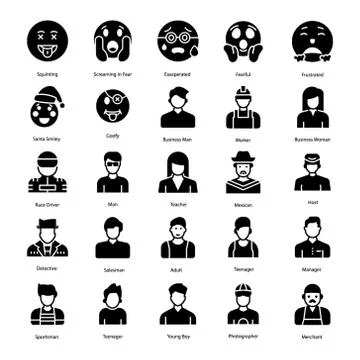 Emoticons and Avatars Solid Icons Pack Stock Illustration