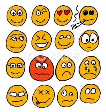 Emoticons or smileys icons set with different facial expressions Stock Illustration