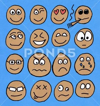 Emoticons or smileys icons set with different facial expressions Stock Illustration