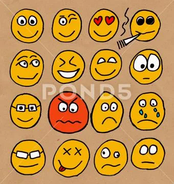 Emoticons or smileys icons set with different facial expressions Stock Illustration