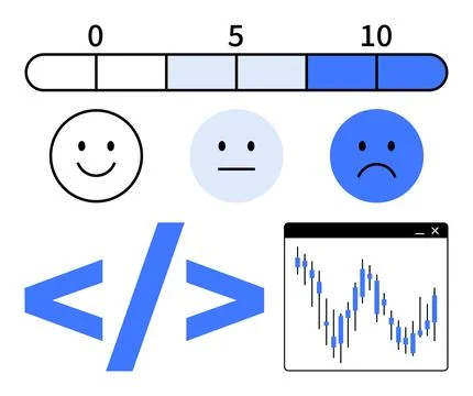 Emoticons Representing Customer Satisfaction, Coding Tags, and Stock Market Illustrazione stock