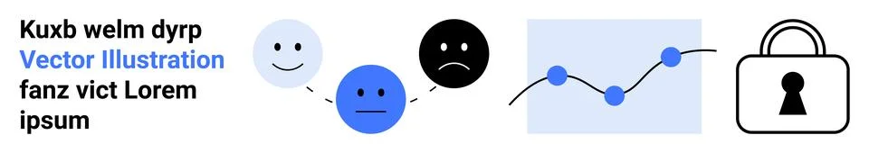 Emoticons representing different moods alongside line graph and lock icon u.. Stock Illustration