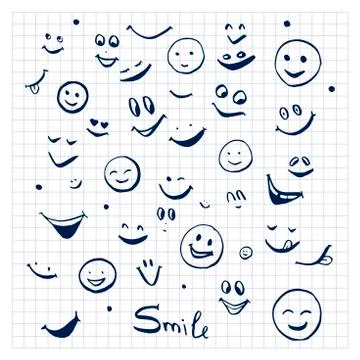 Emoticons. Set of funny faces and smiles, elements for design. Hand drawn vector Stock Illustration