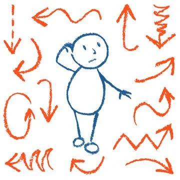 Emotion of bewildered comic man among funny red arrows Stock Illustration