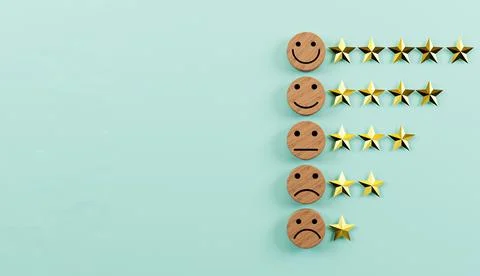 Emotion face print screen on circle wooden block with golden stars Stock Illustration