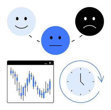 Emotion faces displaying happy, neutral, and sad emotions connected by dashed Stock Illustration