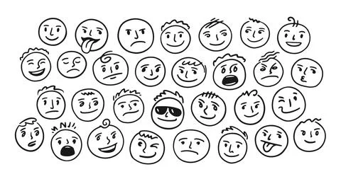 Emotion Faces in doodle style. Set of icons with different moods vector Stock Illustration
