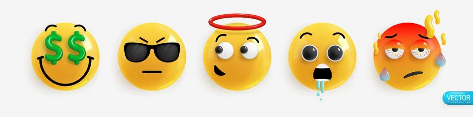 Emotion Realistic 3d Render. Set Icon Smile Emoji. Emotions face money, gloom Stock Illustration